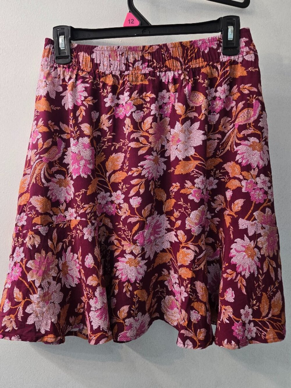 LOFT Floral Flounce Hem Mini Skirt Maroon Pink tiered elastic waist small